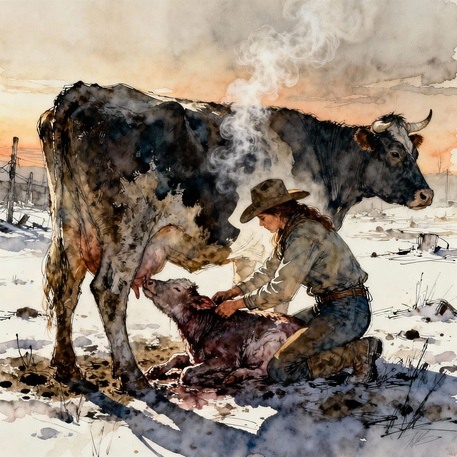 Cowgirl Assists Cow Calving in Post-Apocalyptic Sketch