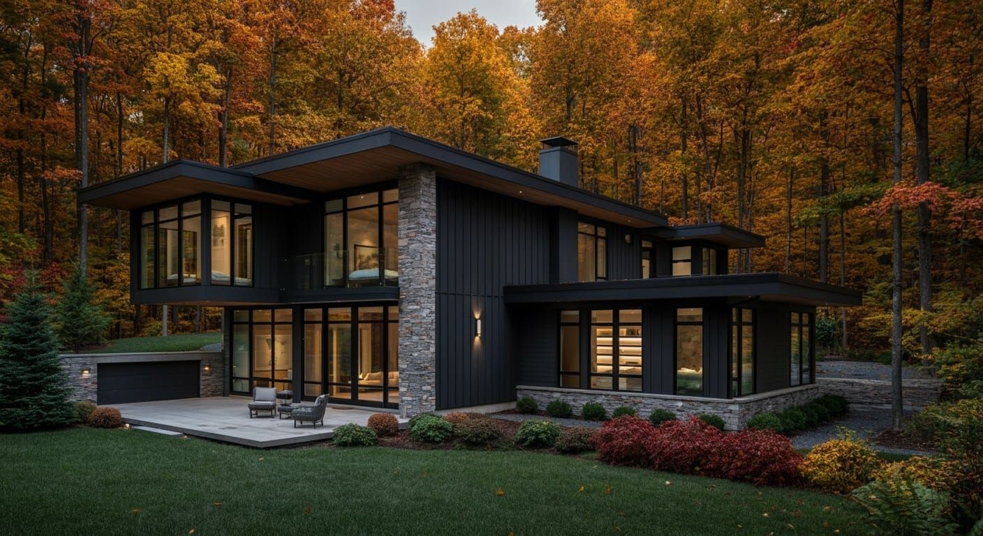 Modern House in Autumn Forest