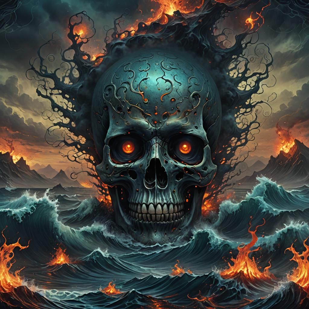 Hellscape Skull in Ocean: Dark Fantasy Art