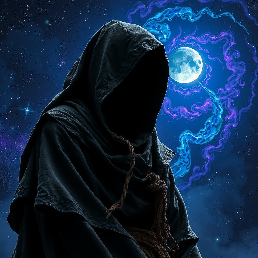 Hooded Figure Amidst Electric Blue Galaxy