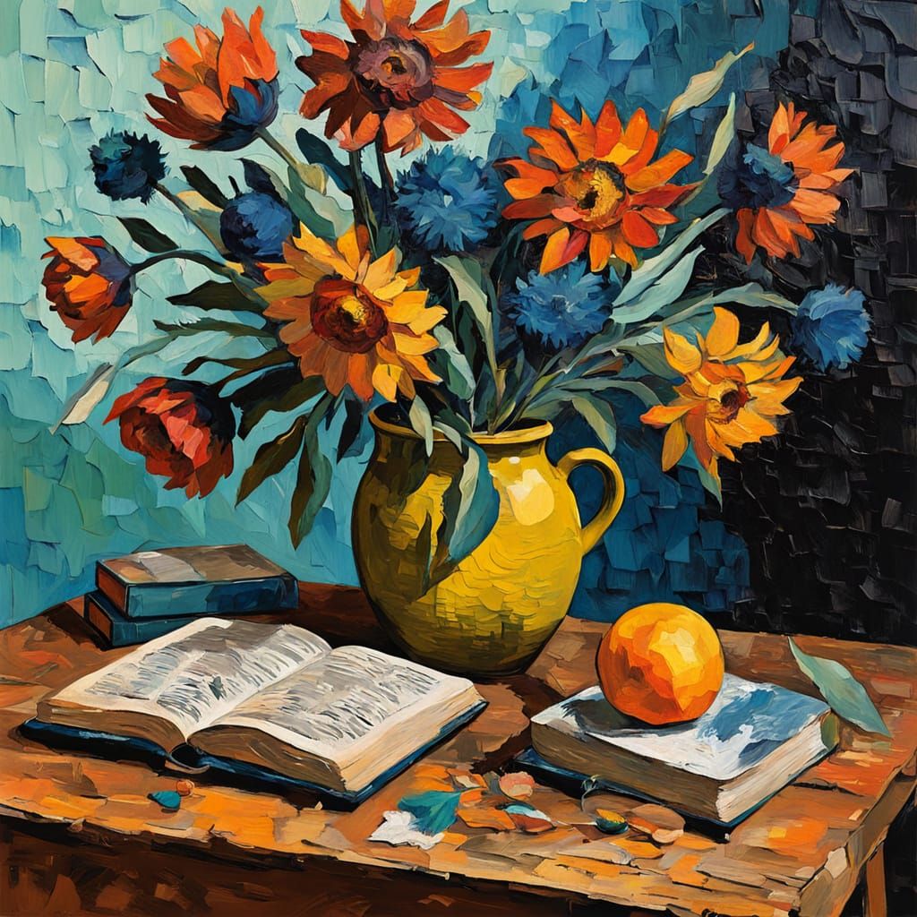 Neo-Impressionist Still Life with Vibrant Flowers and Books