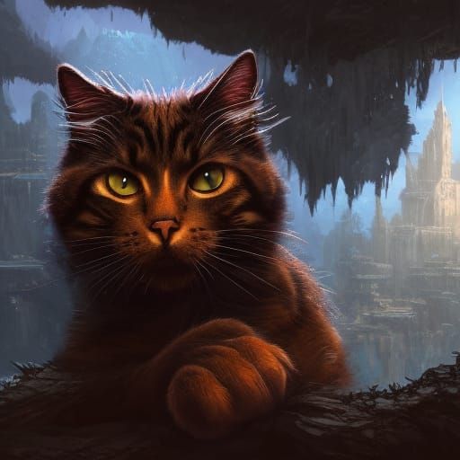 Fantastical Cat in Deep Color, Detailed Matte Painting