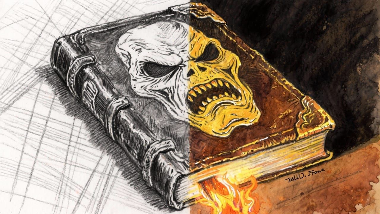 Book of the Dead with Scary Face, Graphite and Watercolor