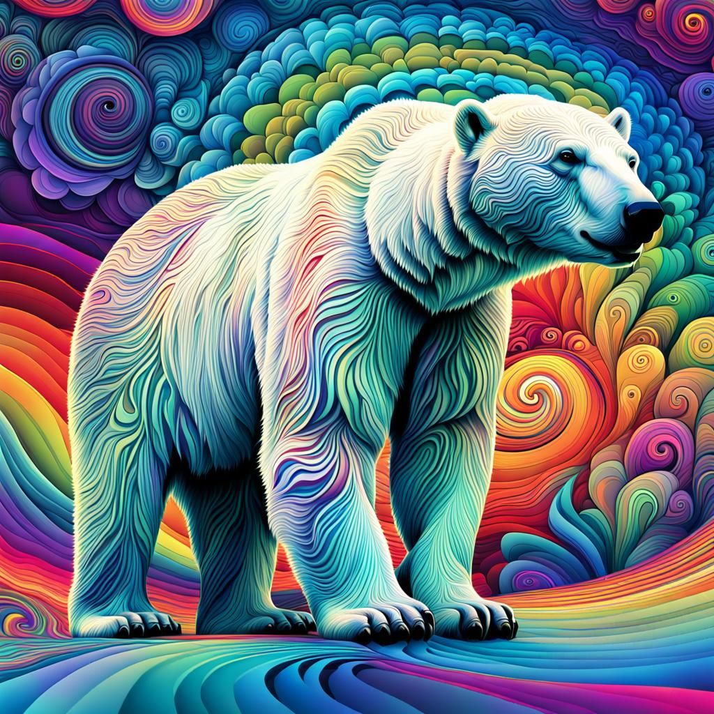Rainbow Polar Bear in Fractal Landscape: Abstract Art