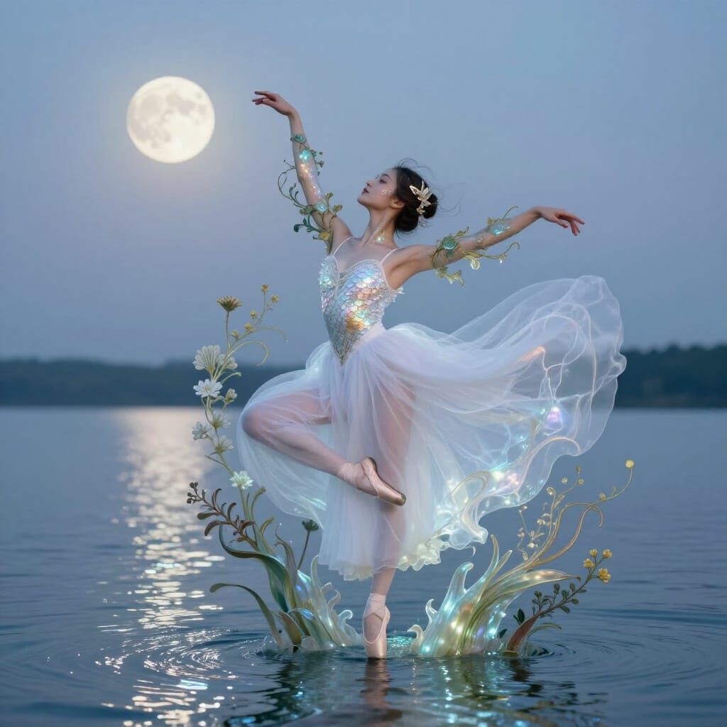 Ballerina Transforms into Water Creature on Moonlit Lake