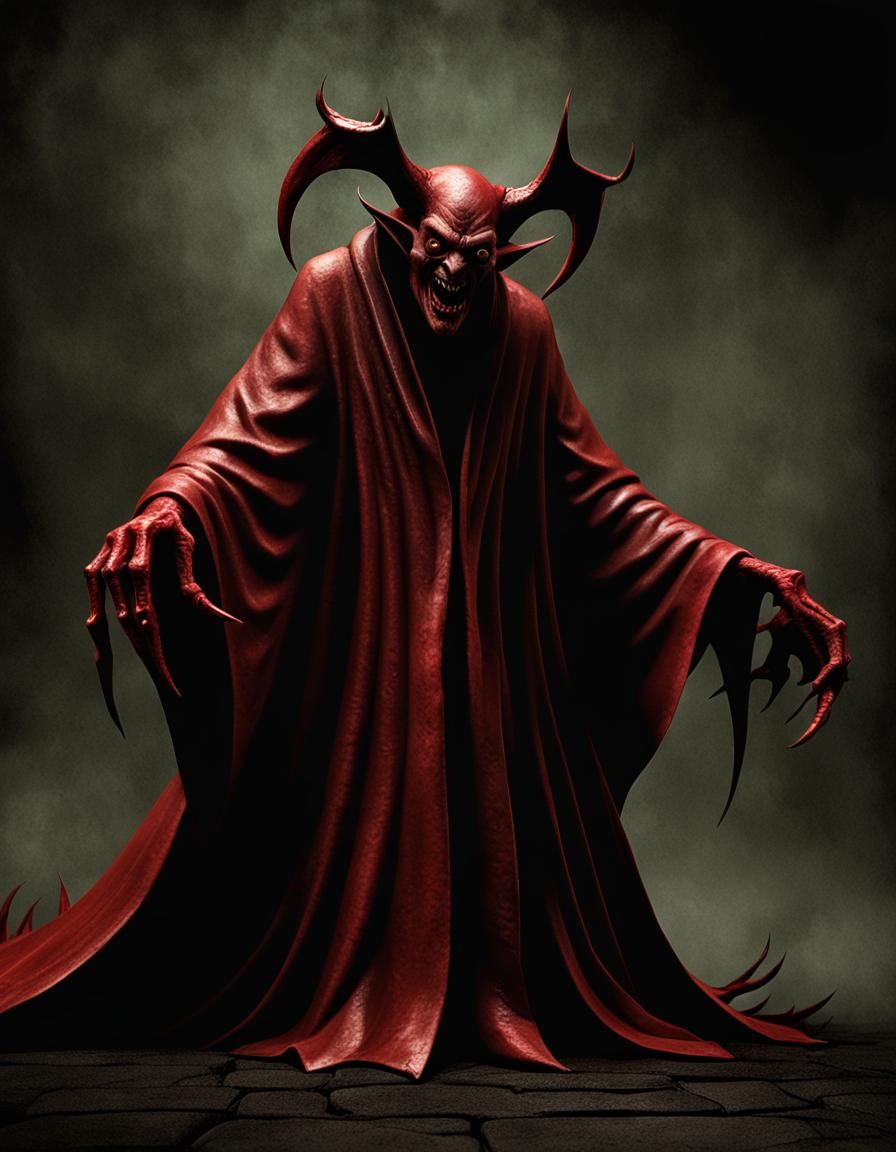 Terror parallax photography found; man wearing a black with crimson robe, leader of satanic cel-shaded perversion; "Devi...