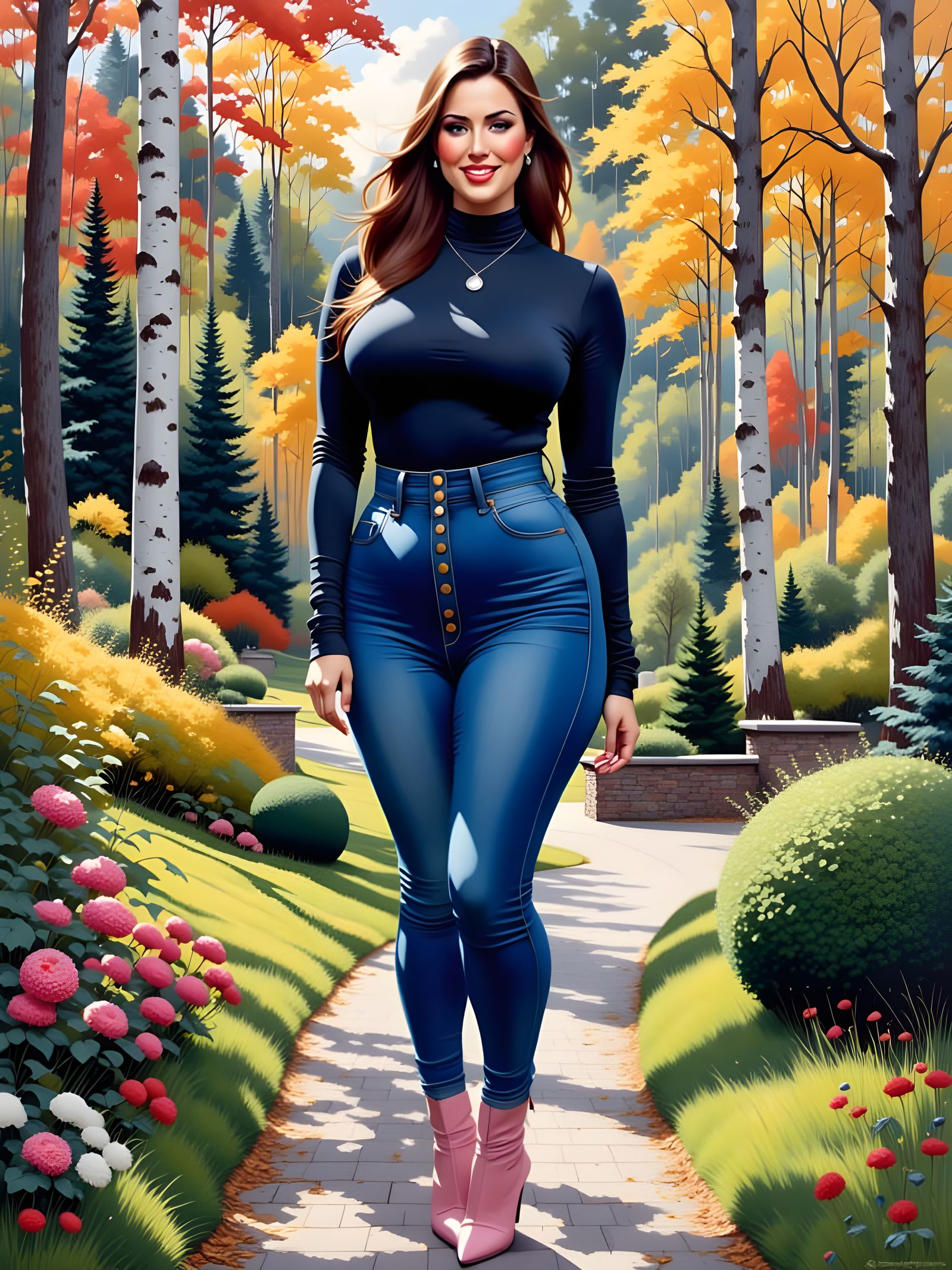 Beautiful Woman in Garden, Detailed Oil Painting