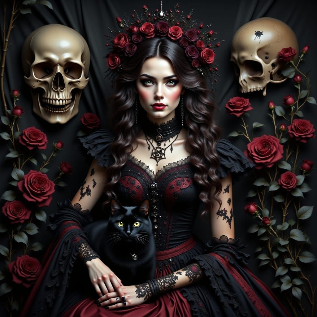 Gothic Woman with Skull in Dark Surrealist Style