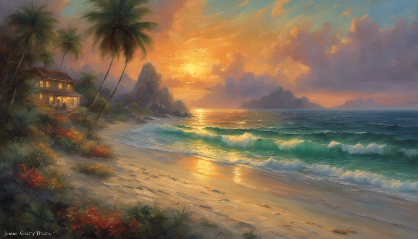 Tropical Island Sunset in Ghibli-esque Painting Style