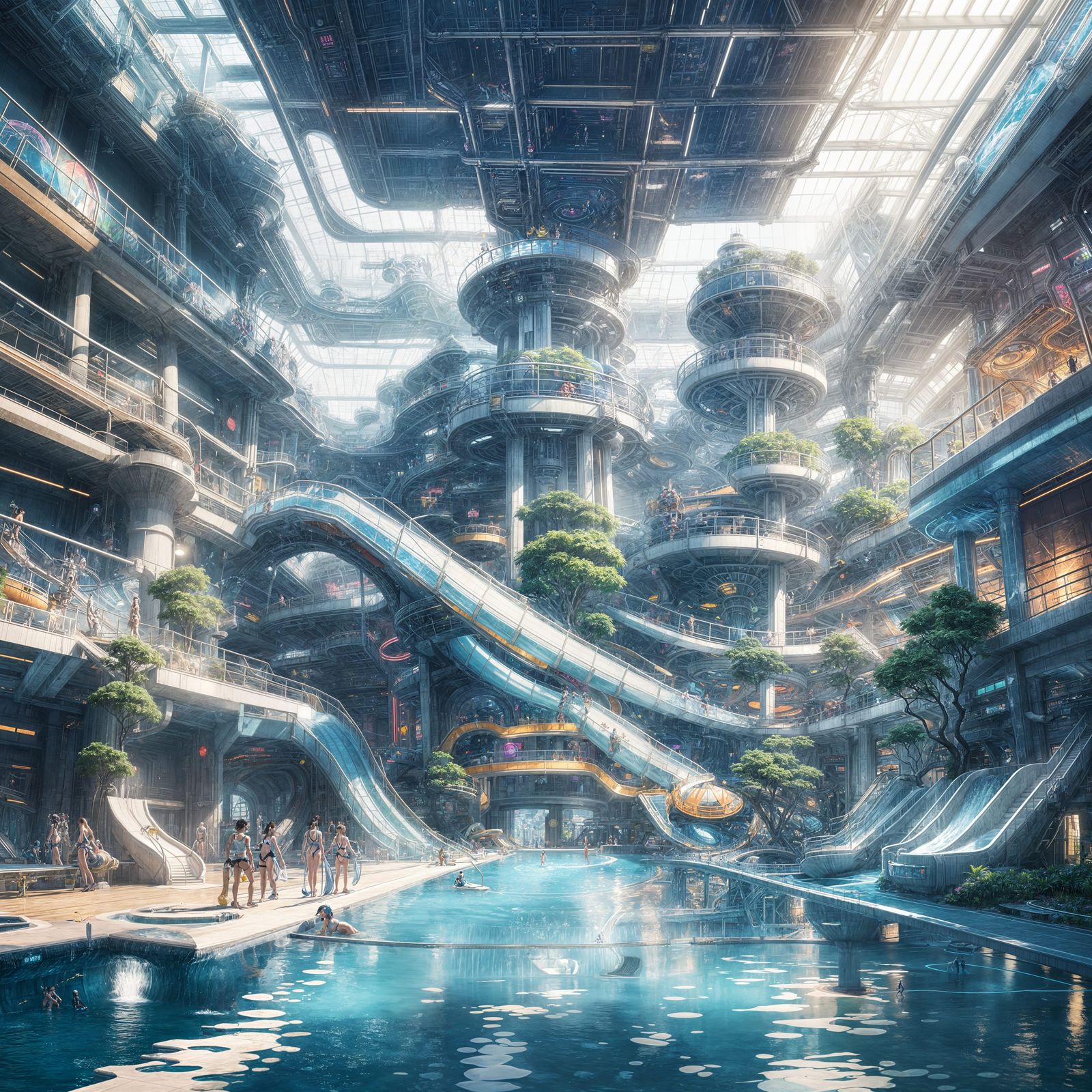 Surreal Futuristic Waterpark with Breathtaking Pools and Sli...