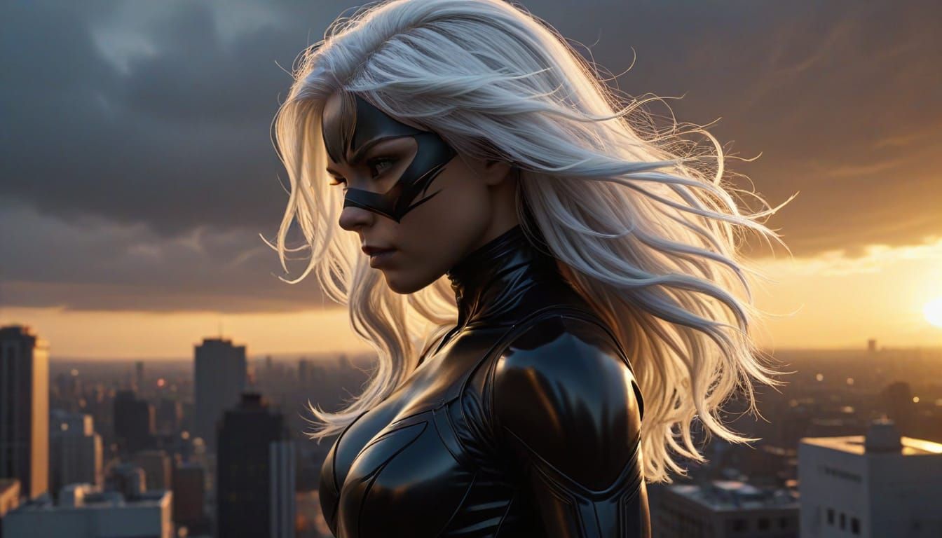 Black Cat in Stealth Suit on Rooftop, Hyperrealistic Art