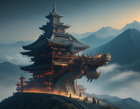 Monks on Dragons Above Golden Temple: 8k Digital Art