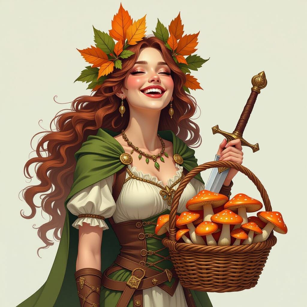 Mushroom Goddess with Sword and Basket in Whimsical Style