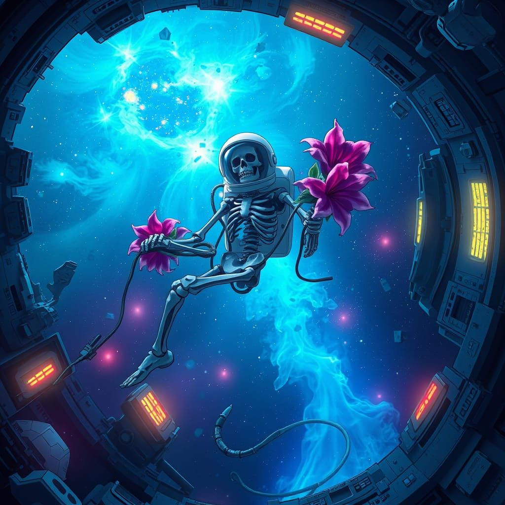 Skeleton Astronaut in Damaged Spaceship, Cosmic Anime