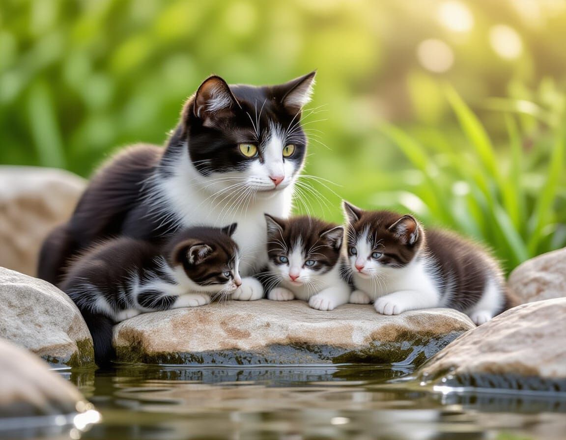 Tabby Cat Family Exploring Garden Pond