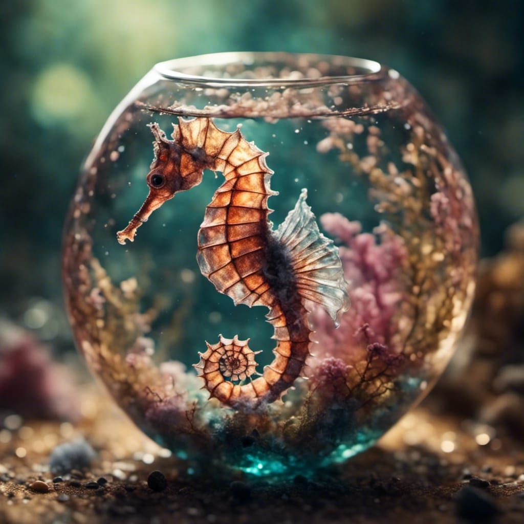 Seahorse in Fishbowl: Professional Photography with Bokeh