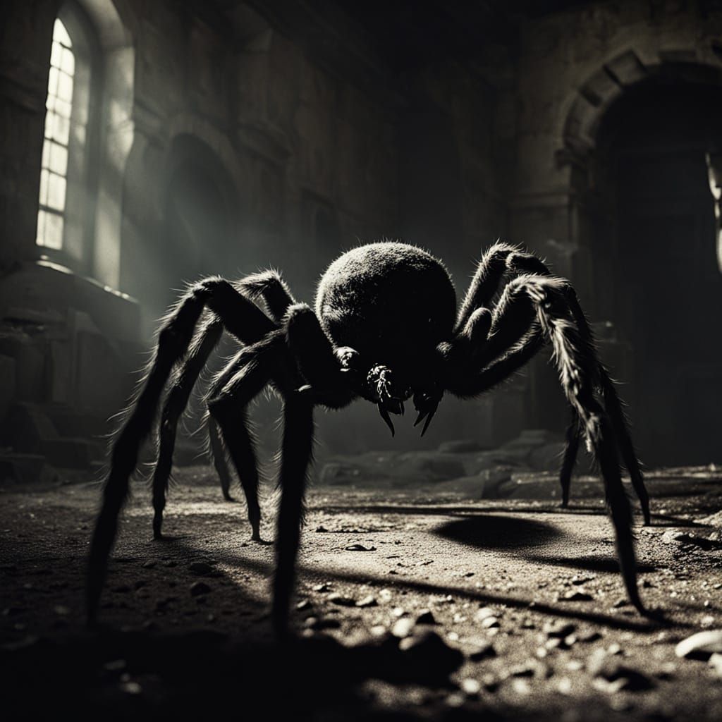 Eerie Spider Perched on Ancient Stone Pedestal in Abandoned ...