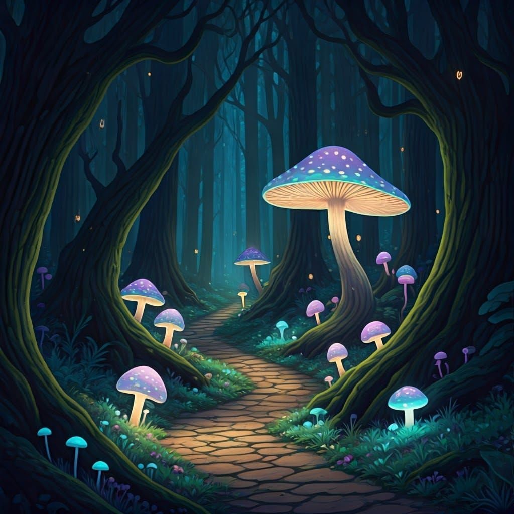 Magical Forest Path with Glowing Mushrooms