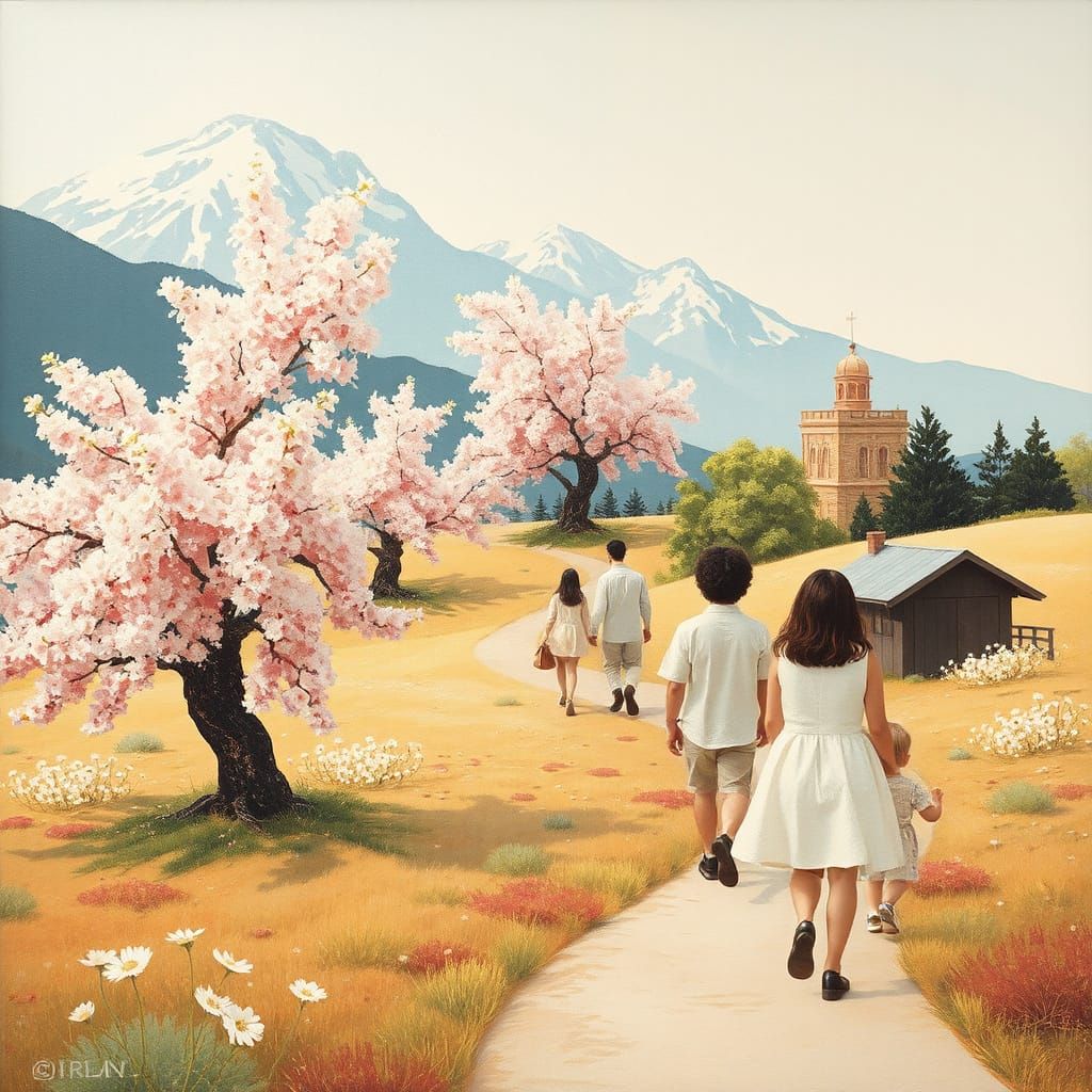Surreal Pastel Landscape with Winding Path and Blossoming Ch...