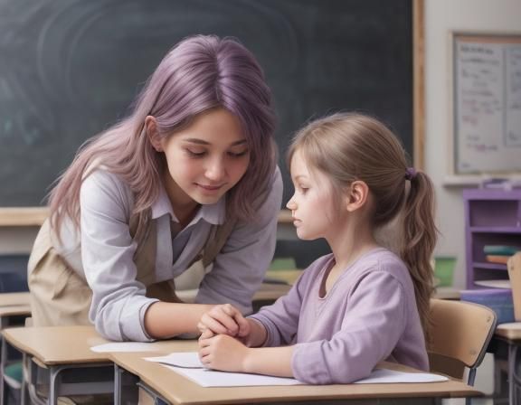 Impasto Teacher and Child in Classroom Watercolour