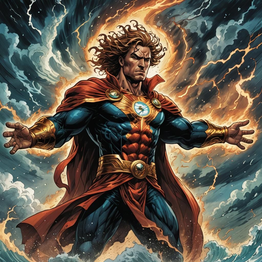 Mighty Figure Summons Hurricane: Comic Book Art
