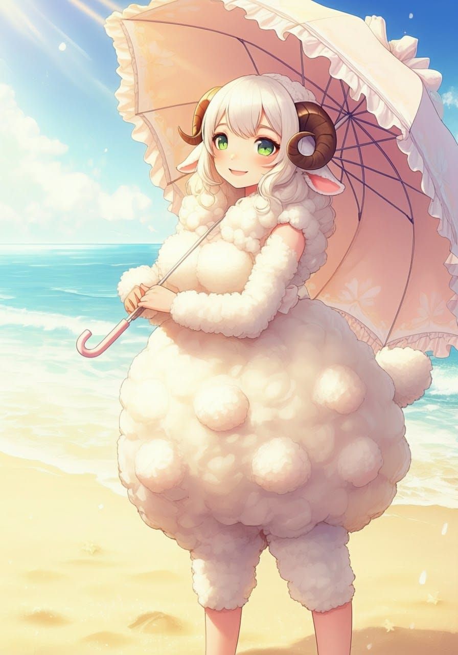 Anthropomorphic Sheep Woman on Sunny Beach in Anime Style