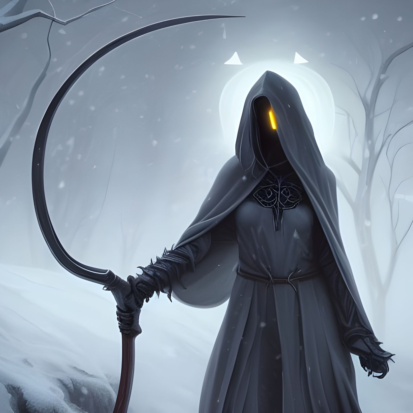Hooded Reaper in Snowy Landscape: Digital Art