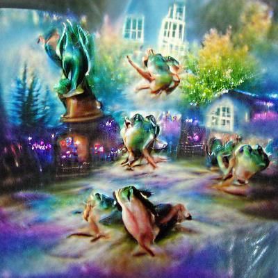 Frogs Dancing Leap-Frog in Club, Vivid Green Fantasy