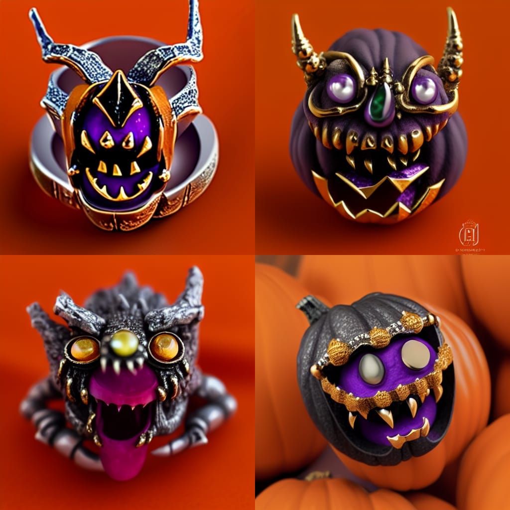 jewelry ring with a halloween pumpkin monster figure sculpted in gold details in silver and the eyes in precious gem sto...