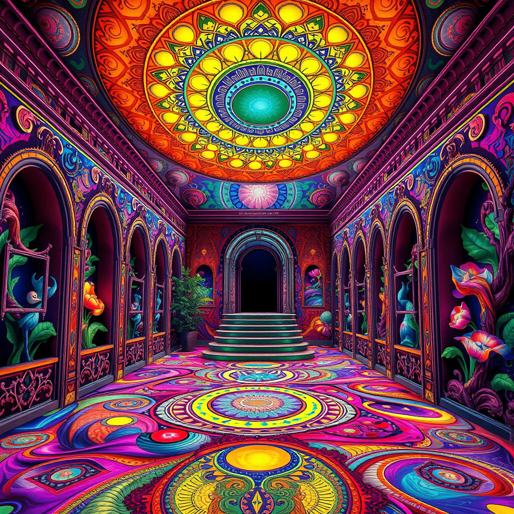 Psychedelic Interior with Swirling Fractal Patterns