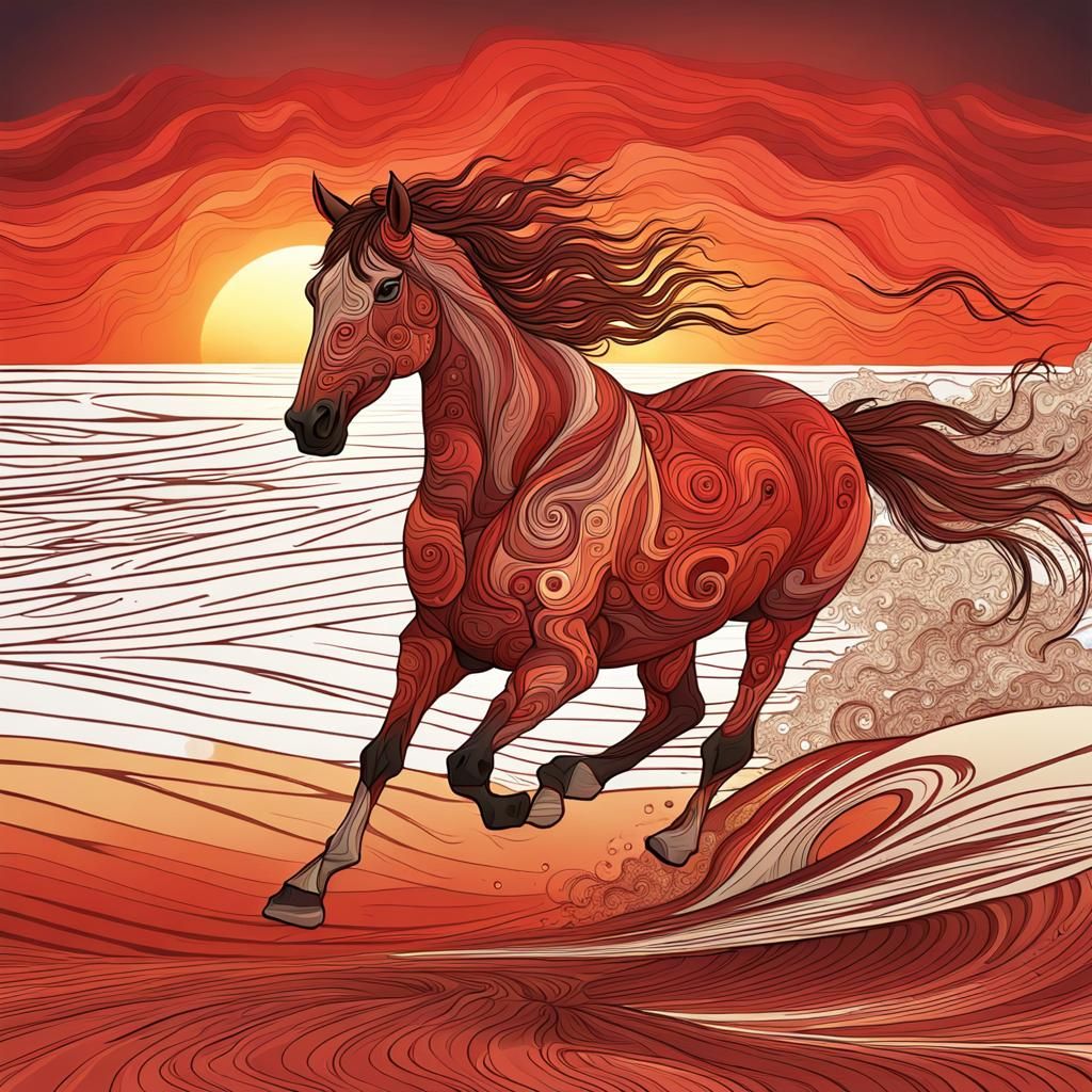 Red Roan Horse Galloping: Abstract Vector Sunset
