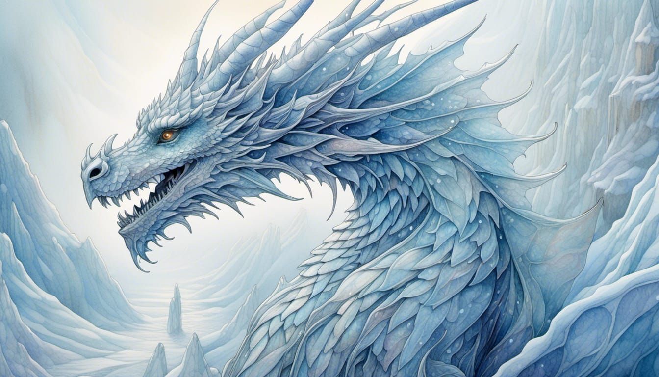 Icy Dragon in Dreamlike Watercolor Fantasy
