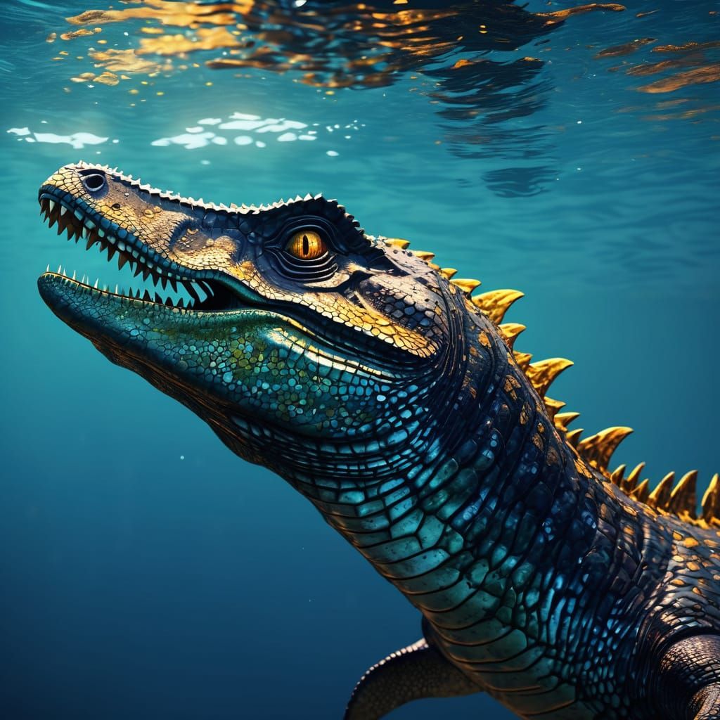 Mosasaurus Swimming in Ocean with Glowing Plants