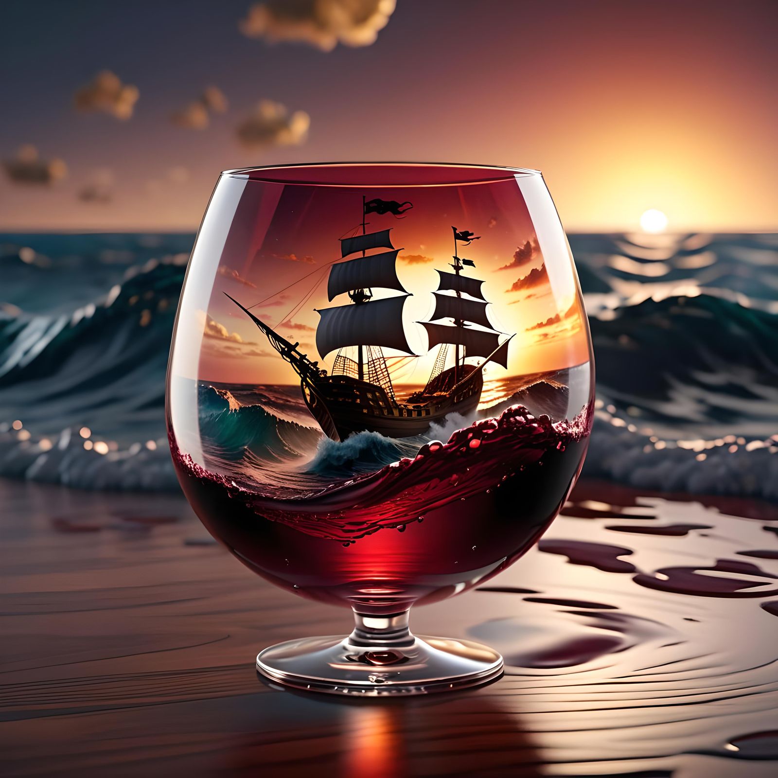 Pirate Ship Emerges from Wine Glass in Hyperreal Ocean