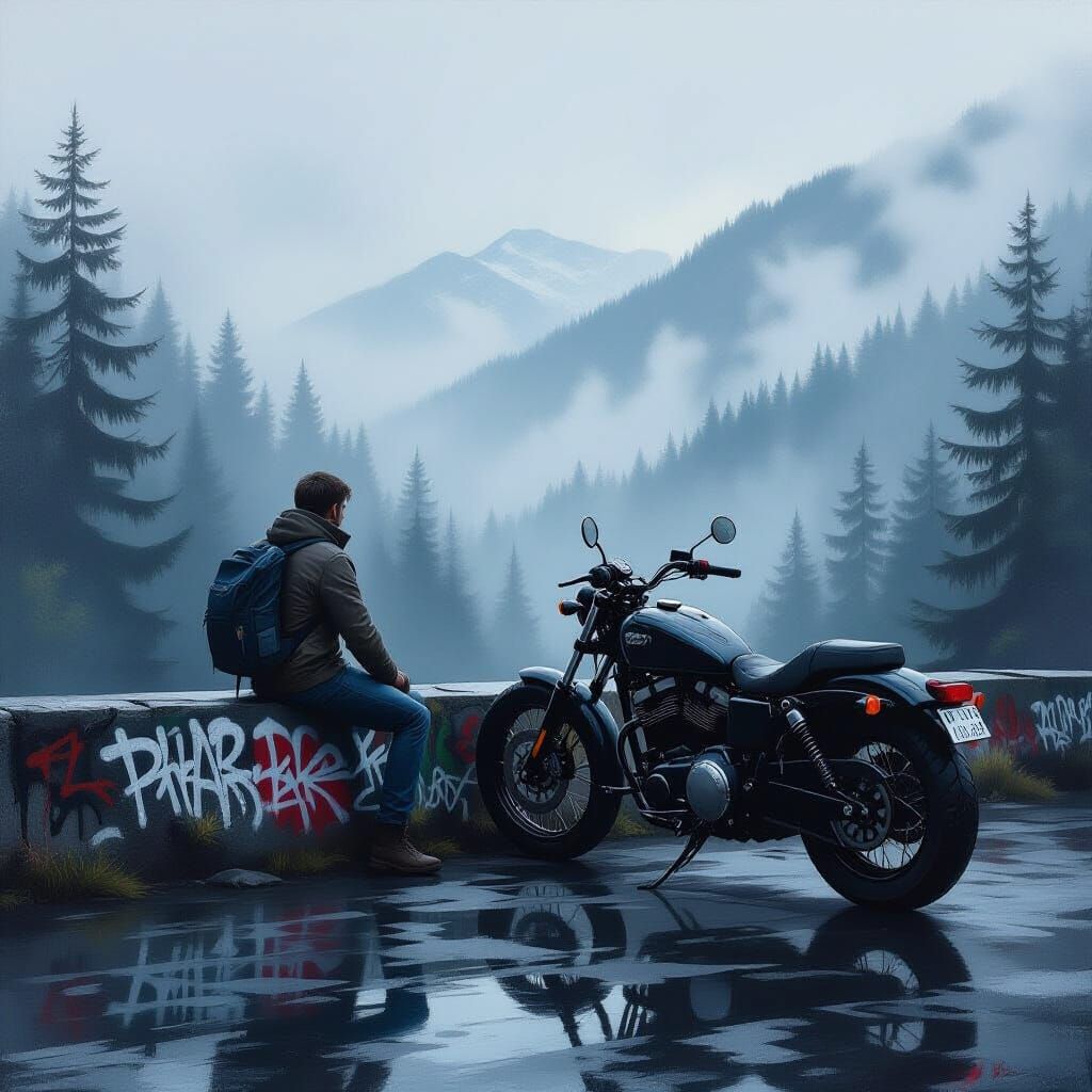 Contemplative Man in Misty Forest: Dark Fantasy Oil Painting