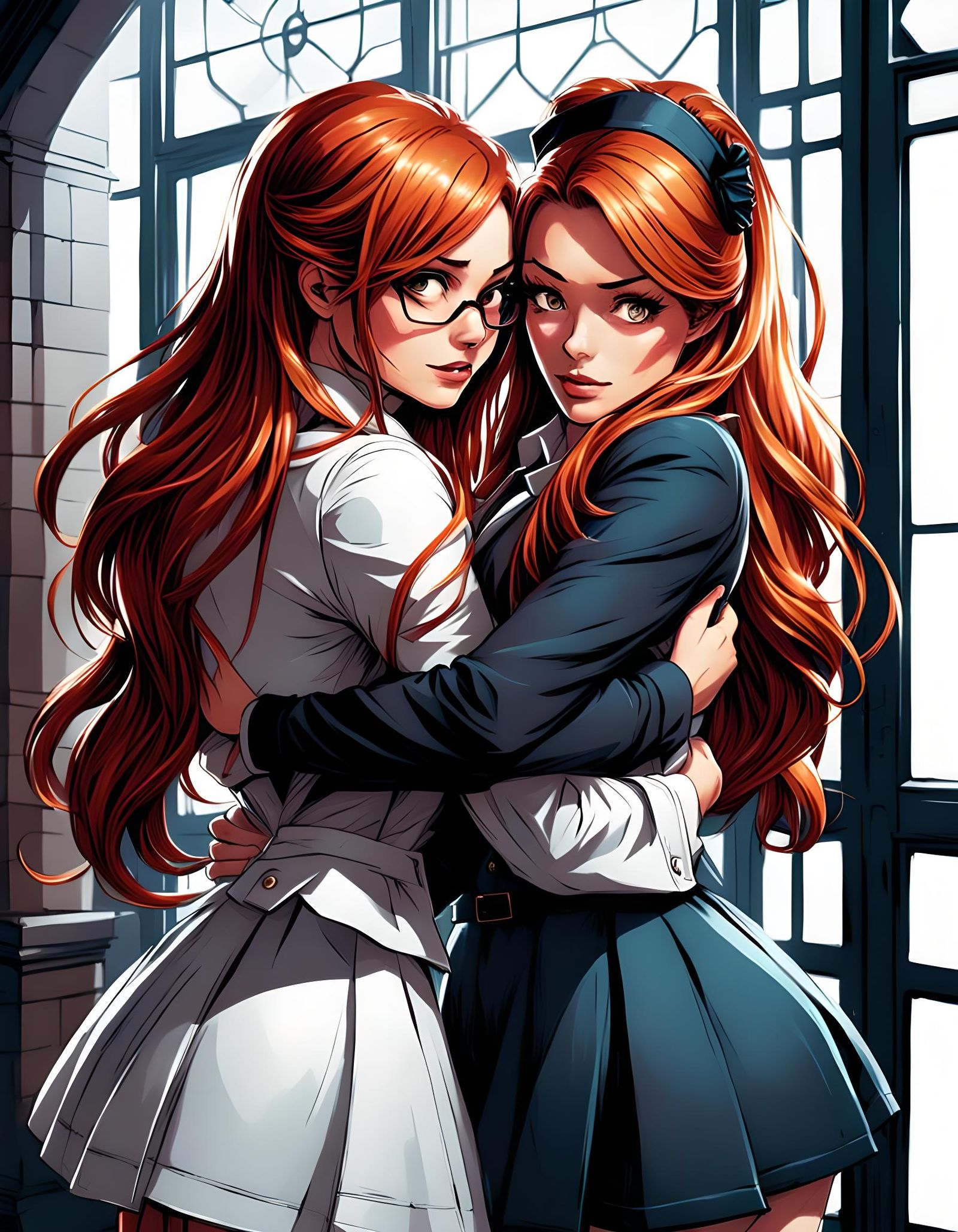 School Girls Hug: Comic Book Art Style