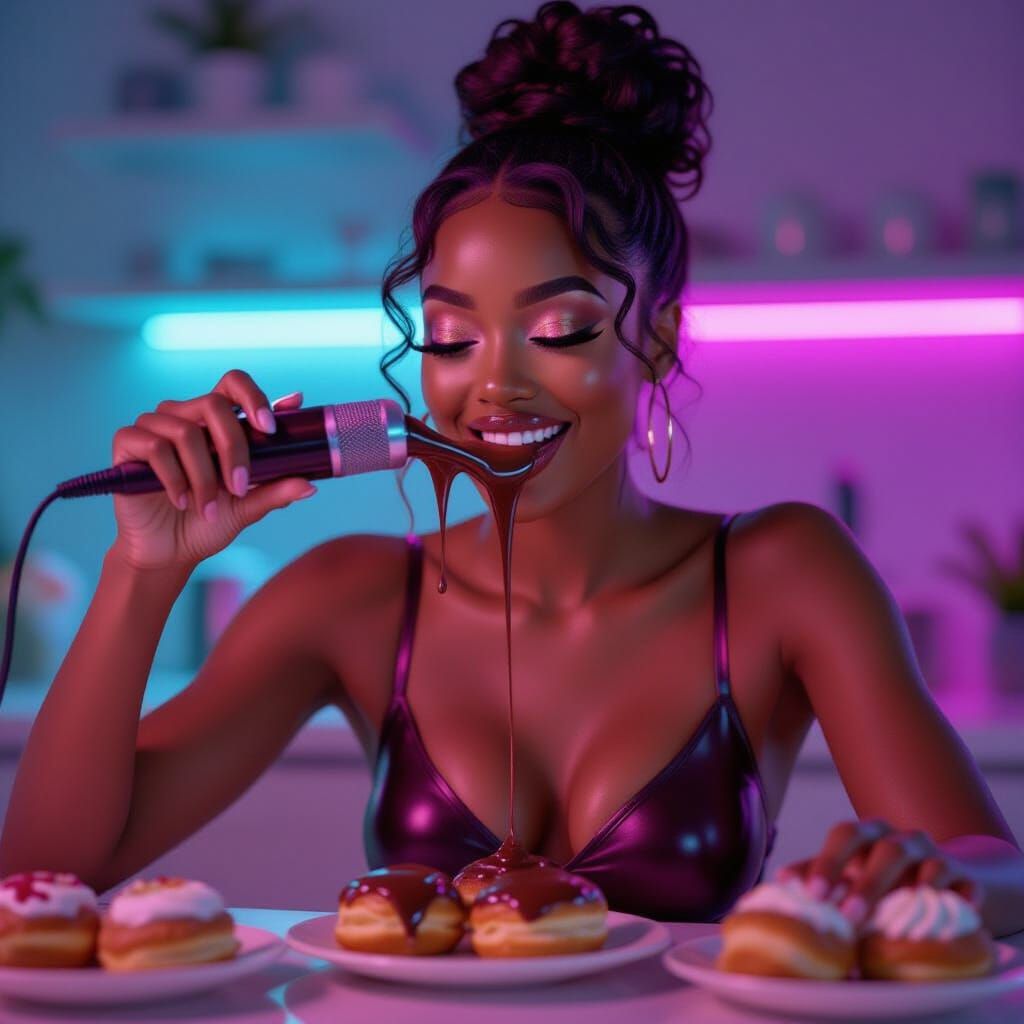 Influencer Pours Chocolate Sauce on Pastries in Neon Pink Li...