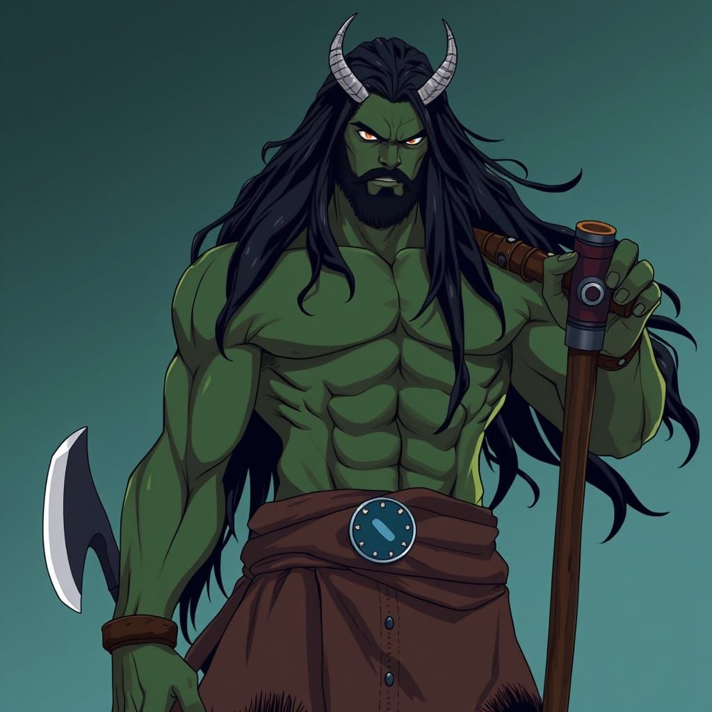 Viking Warrior with Horns in Deep Green Skin