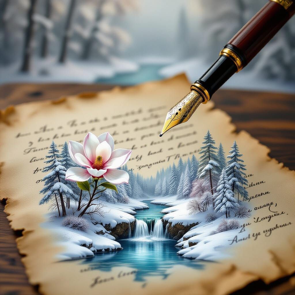 Antique Parchment with Surreal Magnolia Forest Ink