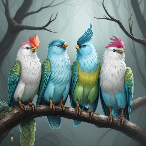 Whimsical Watercolor Fantasy Birds Perched in Misty Forest