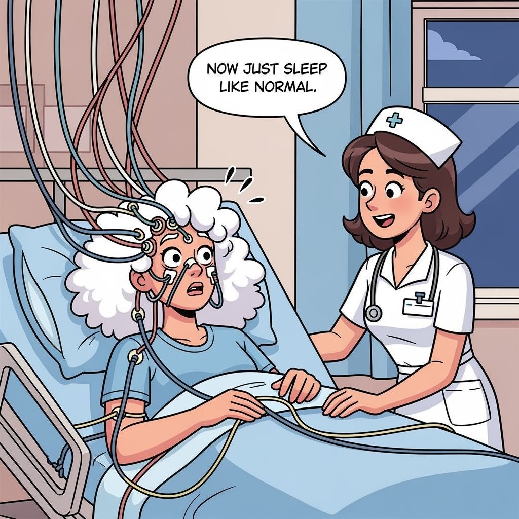Worried Woman Undergoes Sleep Study in Cartoon Style