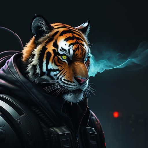 Cyberpunk Tiger Emitting Smoke in Neon Cityscape