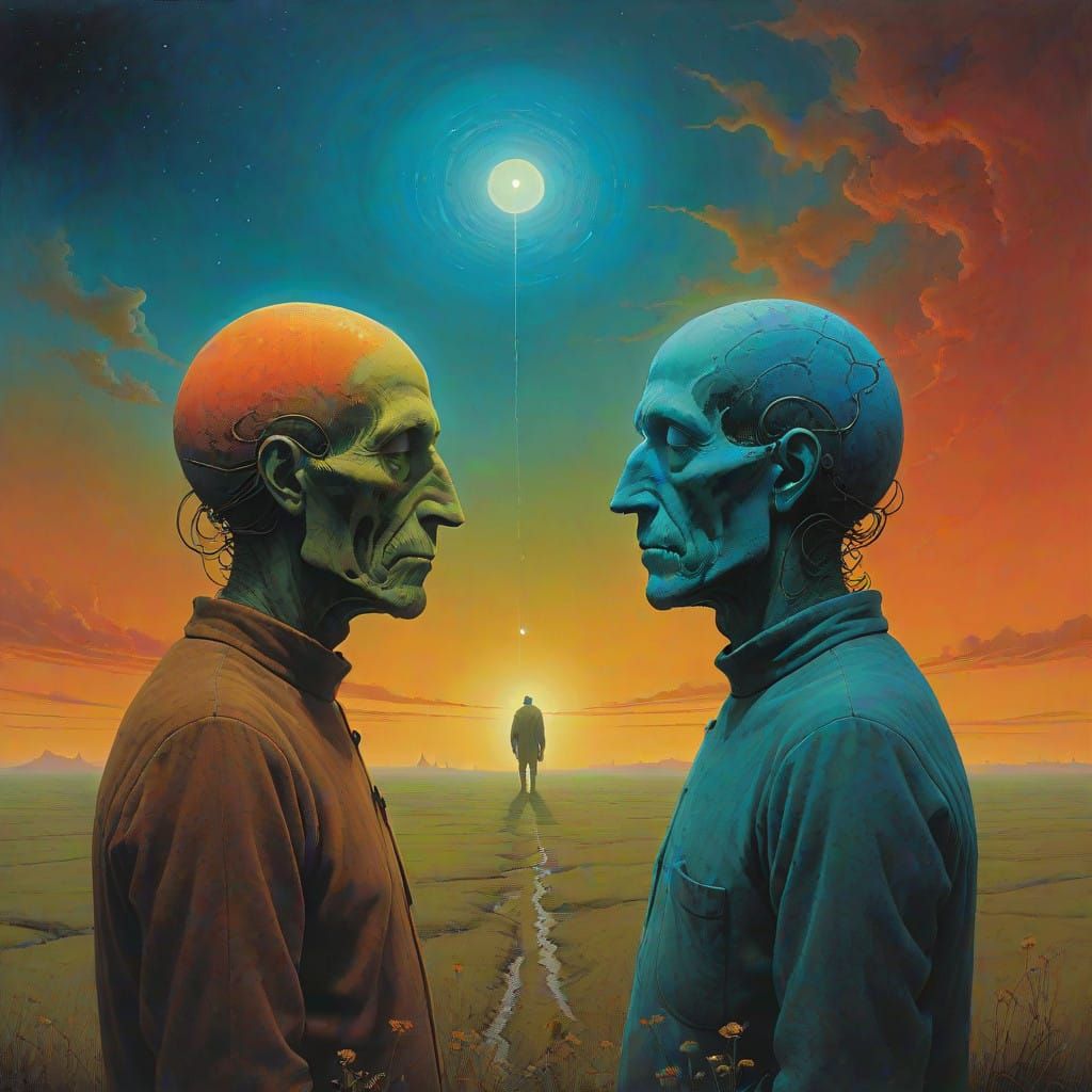 Two Serene Heads Surrounded by Vibrant, Swirling Energy