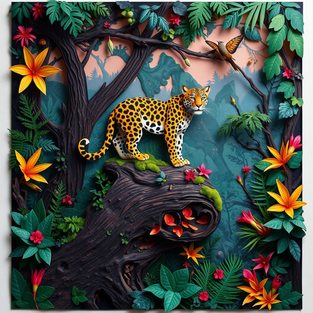 Jaguar in Lush Rainforest Paper Art Masterpiece