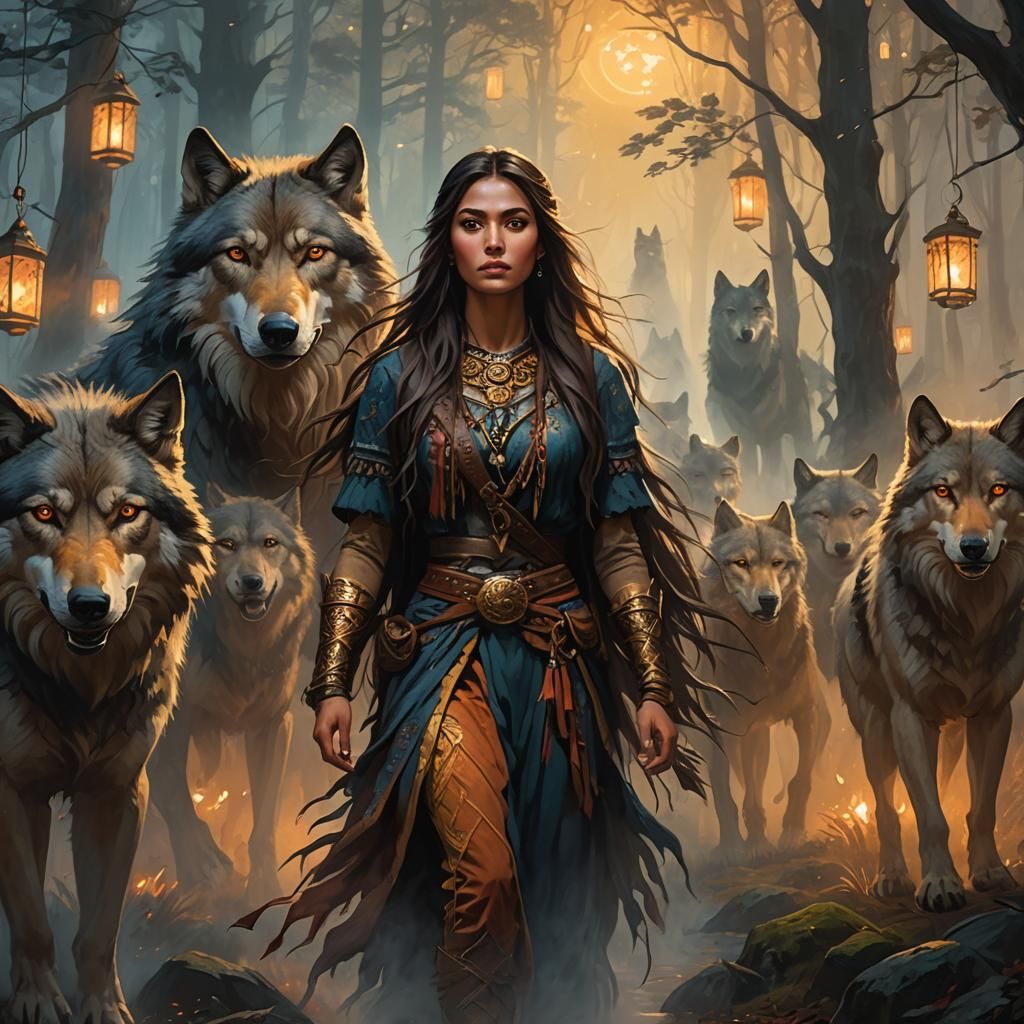 Native Woman Leads Wild Hunt in Fantasy Illustration