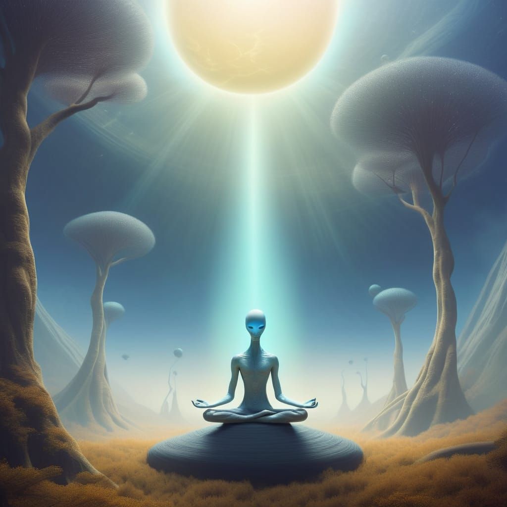 Serene Alien Beings in Glowing Forest