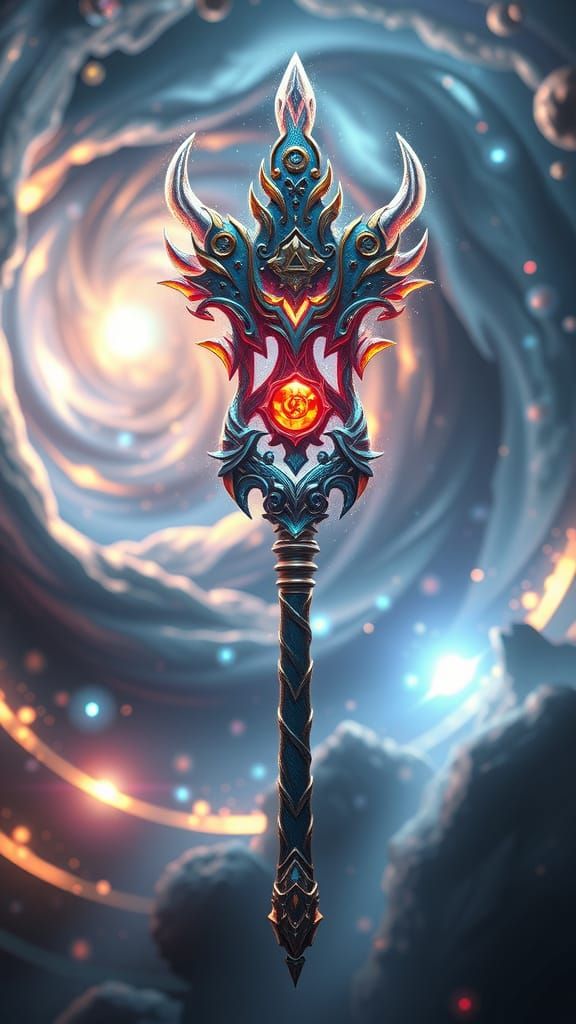 Majestic Cosmic Staff Levitates in Vibrant, Iridescent Aesth...