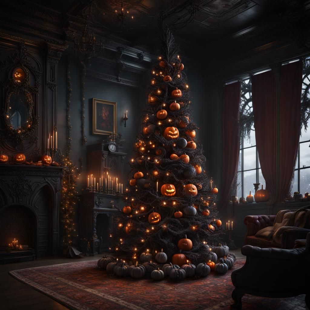 Gothic Halloween Christmas Tree in Victorian Room