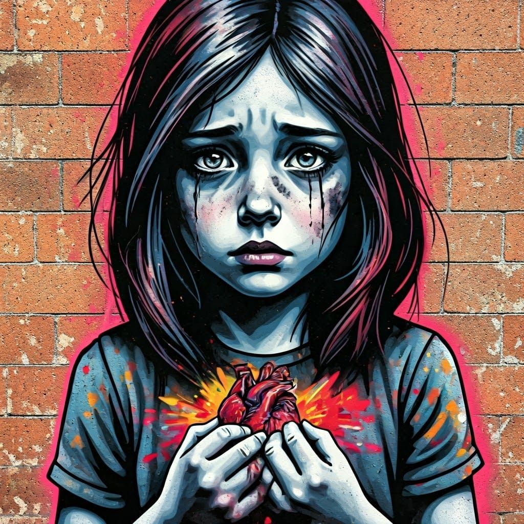Distressed Girl Street Art on Brick Wall