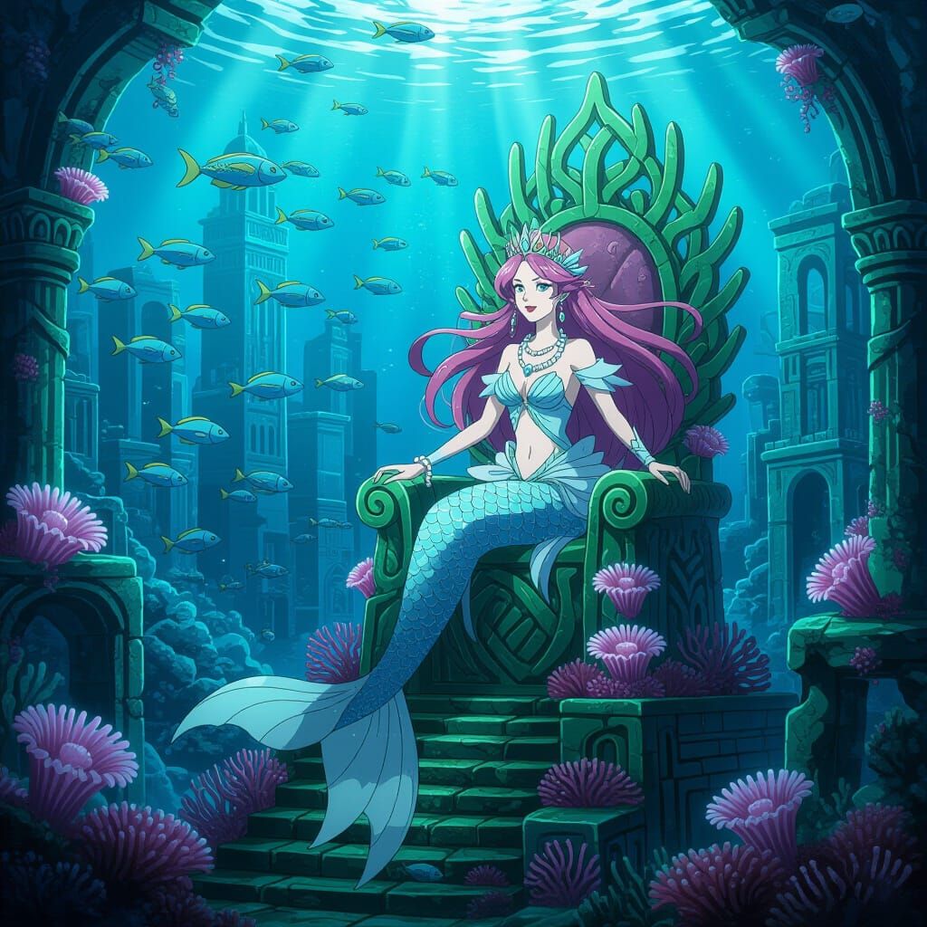 Regal Mermaid Queen in Underwater Kingdom, Anime Style